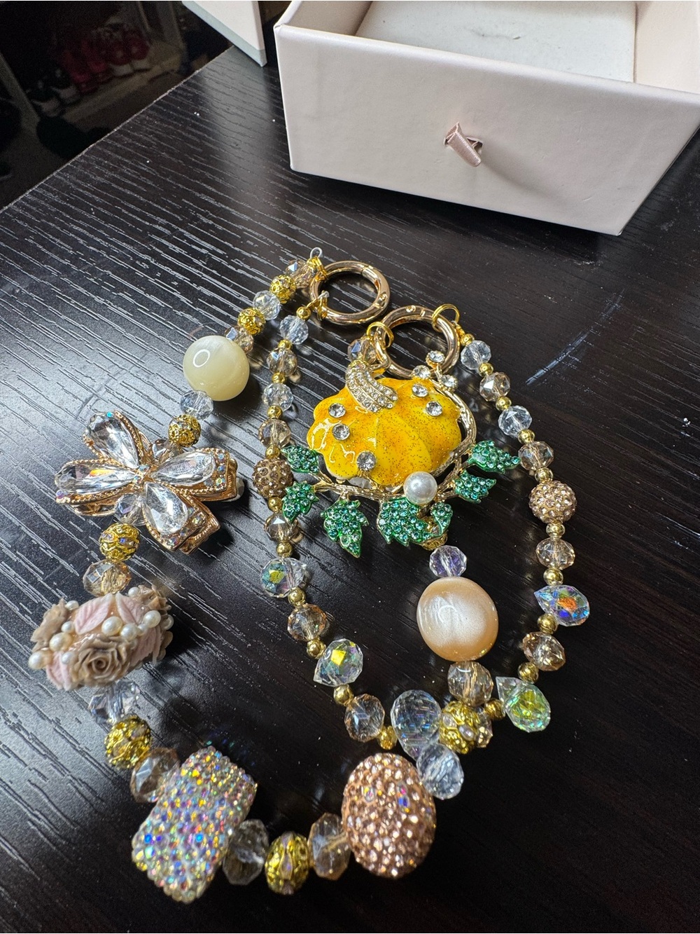 Gold-Tone Yellow Floral Crystal charm purse chain with Green Leaf Accents